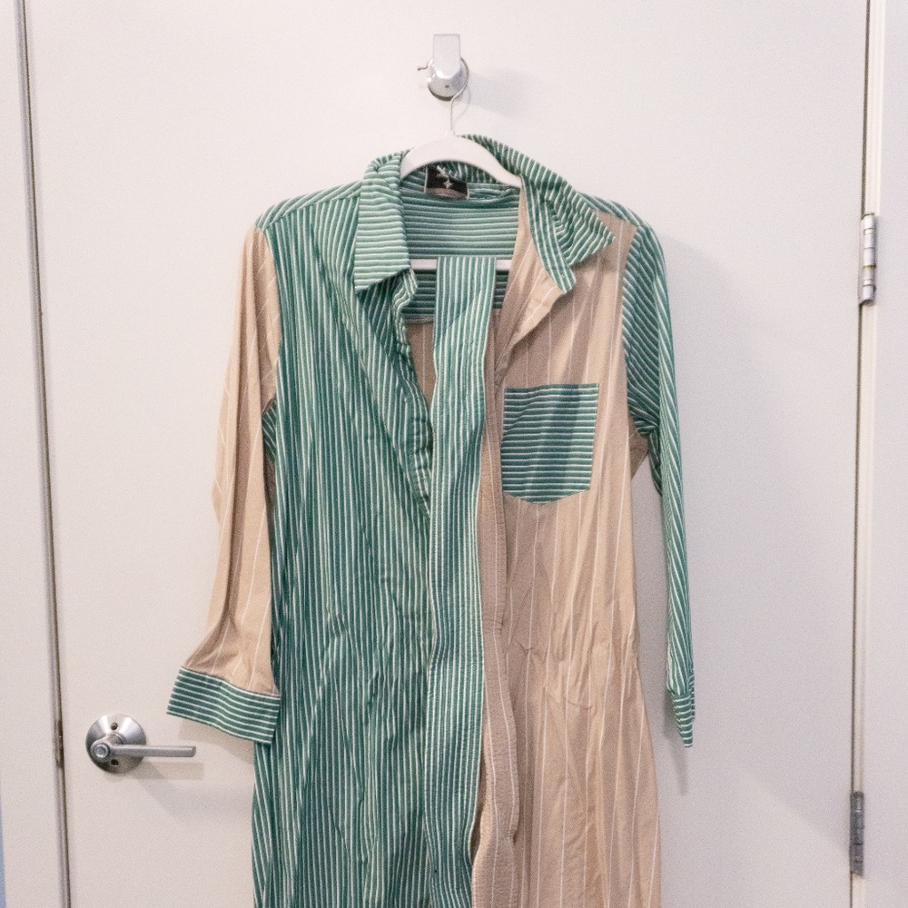 Tuckernuck Tan and Green Striped Chessie Dress: Size Large